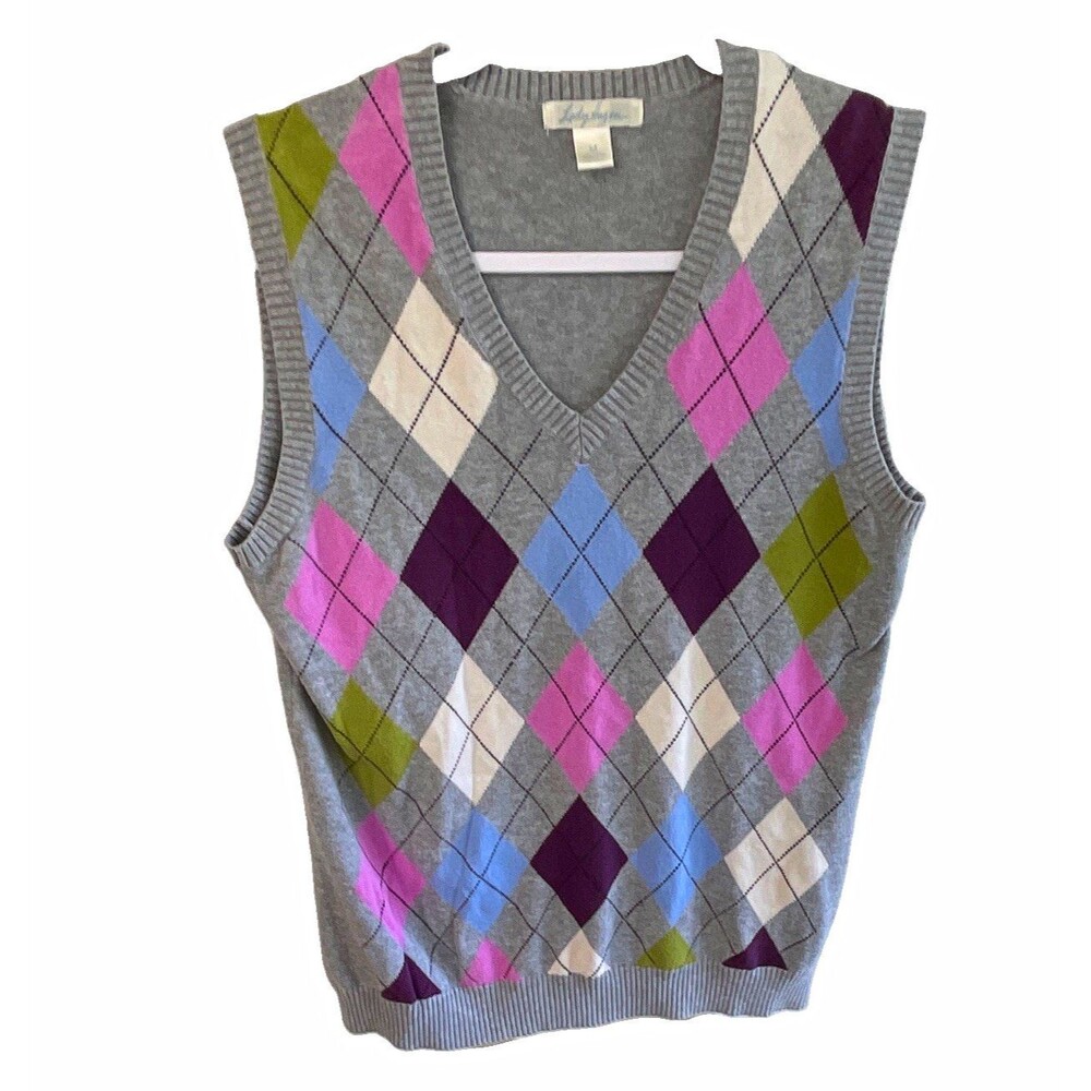 Lady Hagen Women’s M Gray Argyle V-Neck Sleeveless Cotton Knit Sweater Vest